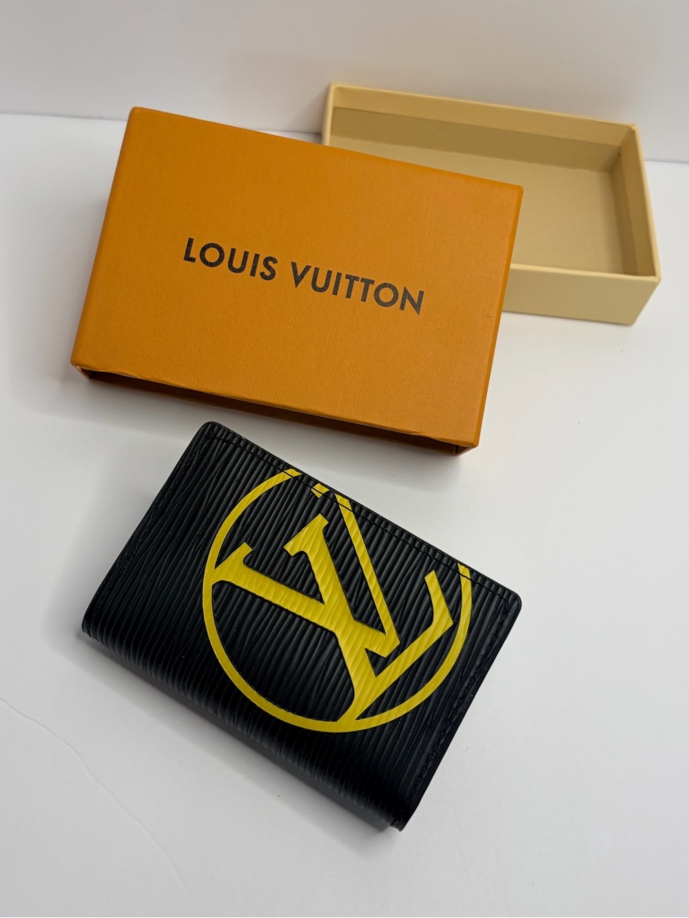 Louis Vuitton Black Cardholder, Wallet, or Pocket Organizer, with Yellow LV Logo